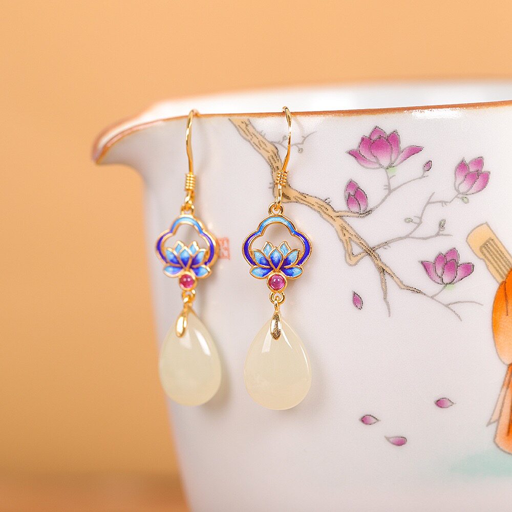 国风时尚S925纯银镀金和田玉耳环