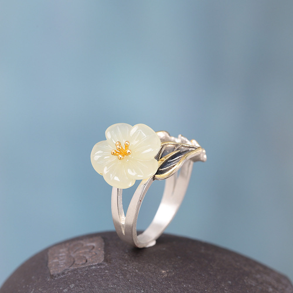 复古百搭s925纯银天然和田玉梅花戒指女宫廷开口指环银饰气质时尚