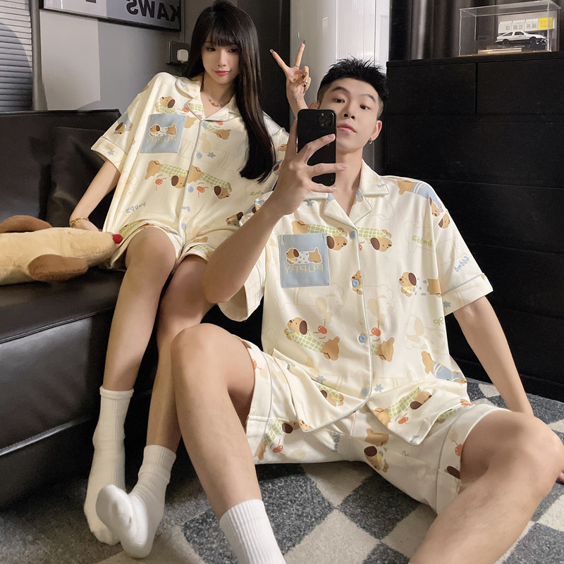 情侣睡衣男女款夏季短袖加大码加肥卡通小狗薄款家居服可外穿套装