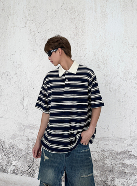 THREENINE美式复古条纹Polo领短袖T恤男夏季设计感宽松百搭上衣潮