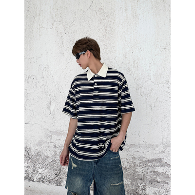 美式复古条纹Polo领短袖T恤