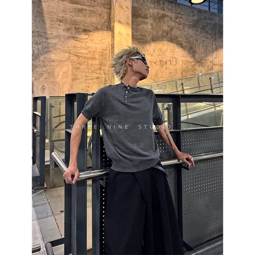 THREENINE小众斜扣凉感针织短袖