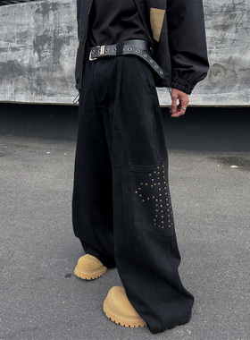 TNREEHINE 复古口袋铆钉十字架直筒工装裤男女设计感宽松阔腿裤潮