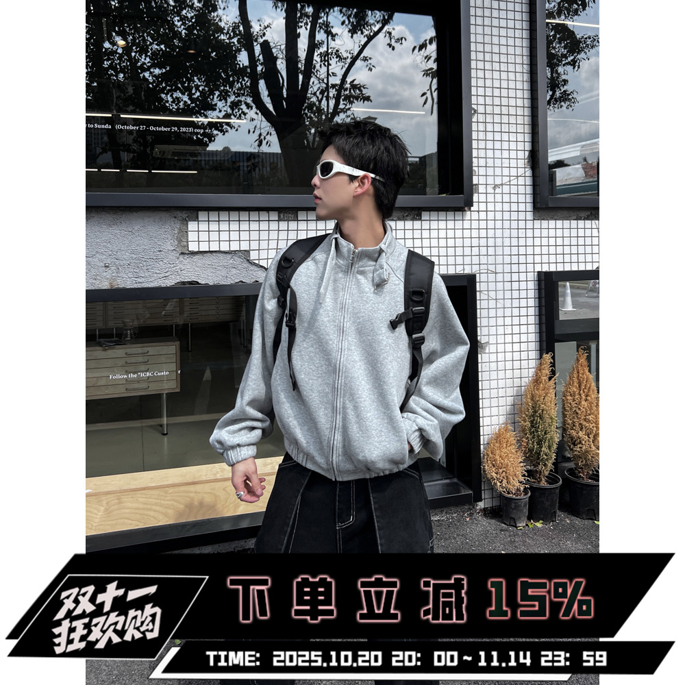 THREENINE 灰色卫衣外套男韩版简约纯色双层领拉链宽松长袖卫衣女