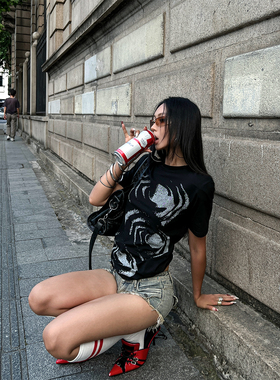 THREENINE美式复古大面积印花短袖T恤男女修身休闲百搭上衣潮ins