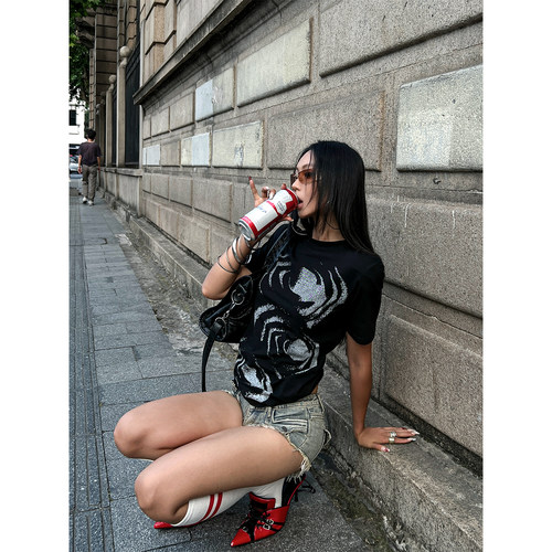 THREENINE美式复古大面积印花短袖T恤男女修身休闲百搭上衣潮ins