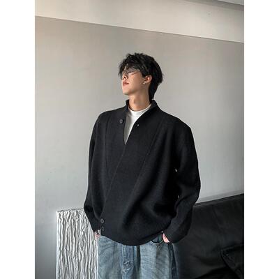 大V领针织开衫毛衣高定斜纽扣