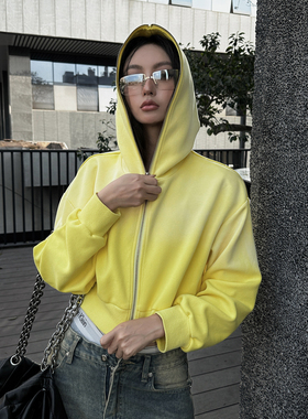 THREENINE 美式复古渐变洗水短款开衫连帽卫衣女春夏休闲防晒衣潮