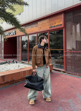 THREENINE 麂绒皮撞色领大口袋短款廓形保暖夹克男高级感复古外套