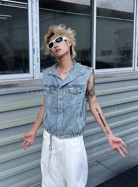 复古街头立领无袖坎肩工装背心男