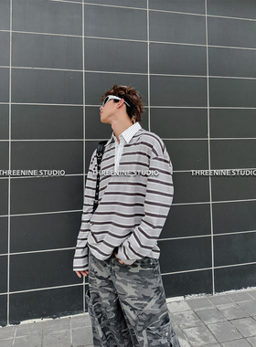 THREENINE 校园复古拼接领撞色条纹长袖T恤男女宽松松弛POLO衫潮