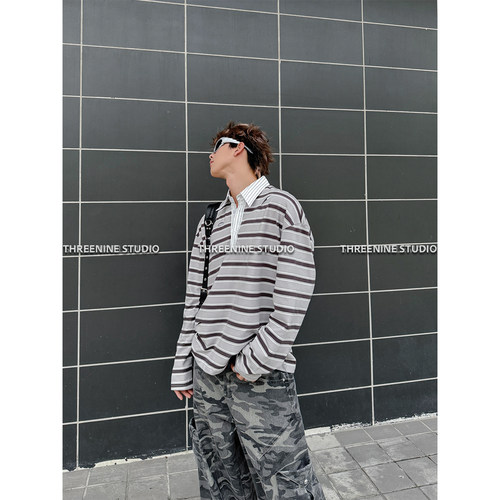 学院风撞色条纹长袖POLO衫