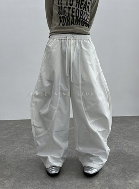 THREENINE 小众设计春夏阔腿休闲裤男女宽松弯刀型工装运动长裤