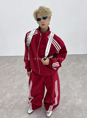 THREENINE美式复古休闲套装男女春秋痞帅宽松三条杠立领夹克外套