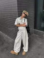 Threenine Street Retro Washed Workwear Set Unisex Oversized Short-Sleeve Jacket Button-Up Scimitar Pants Trendy