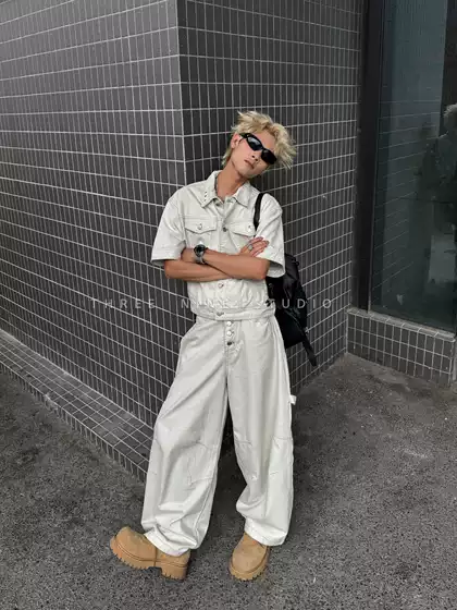 Threenine Street Retro Washed Workwear Set Unisex Oversized Short-Sleeve Jacket Button-Up Scimitar Pants Trendy
