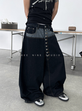 THREENINE 小众街头复古拼接多排扣牛仔裤男宽松阔腿直筒长裤潮