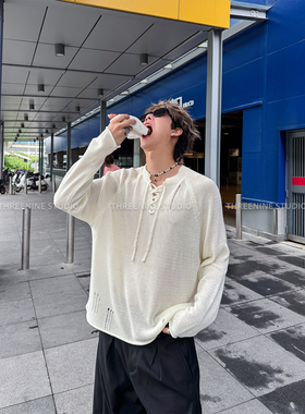 THREENINE 早秋氛围网感微透网纱针织衫男女宽松慵懒上衣百搭T恤