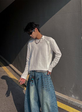 THREENINE 韩系斜扣华夫格设计感圆领长袖T恤时髦通勤质感打底衫