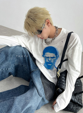 THREENINE复古做旧假两件印花长袖T恤男女宽松休闲高街潮牌上衣