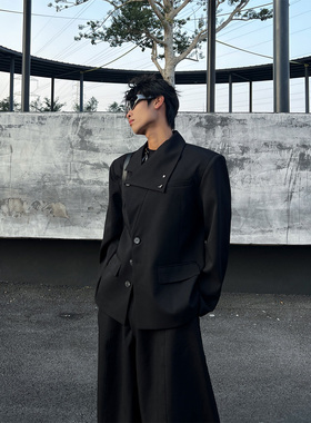 THREENINE 韩式金属不规则斜领西装外套男设计感阔型弯刀西裤潮
