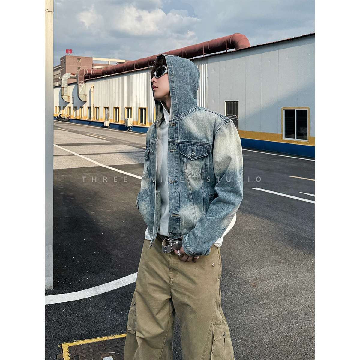 THREENINE水洗连帽短款牛仔外套