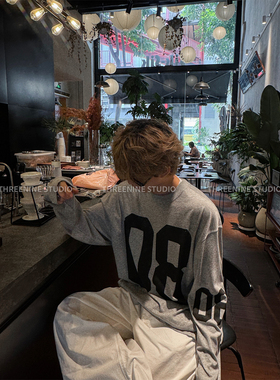 THREENINE 秋季印花长袖廓形T恤男女宽松氛围感情侣百搭休闲上衣