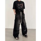 做旧复古牛仔裤 男抽绳松紧工装 裤 THREENINE 口袋休闲阔腿裤 百搭潮