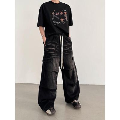 THREENINE 做旧复古牛仔裤男抽绳松紧工装裤口袋休闲阔腿裤百搭潮