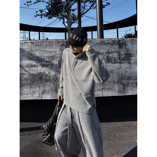 韩系秋冬针织华夫格纹休闲套装