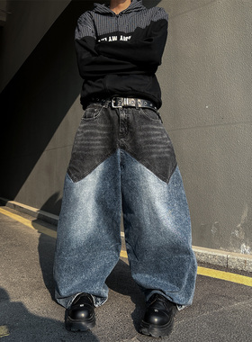 THREENINE 美式复古拼接撞色水洗弯刀牛仔裤男女阔腿宽松休闲潮