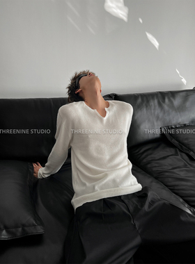 THREENINE 早秋氛围感V领针织衫男女宽松慵懒上衣百搭单品纯色T恤