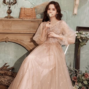 订婚敬酒礼服轻奢气质显瘦胖mm高级长袖遮手臂大码主持艺考礼服女