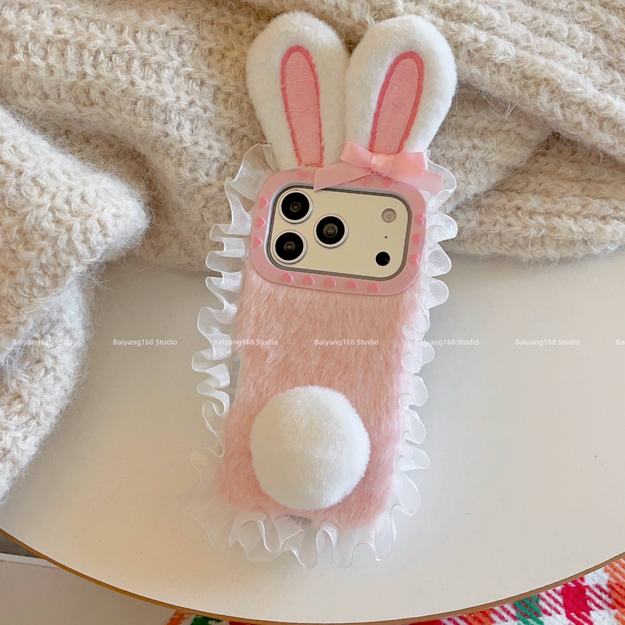 蕾丝边粉色毛绒兔耳朵适用苹果17promax手机壳iPhone1