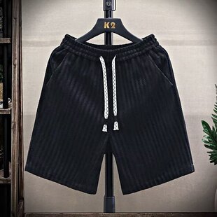 子潮牌高级感宽松休闲五分裤 黑白条纹运动裤 男夏季 小香风针织短裤