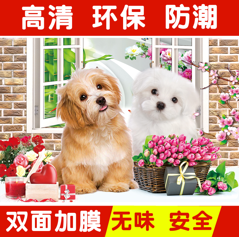可爱动物画两只小狗萌宠纸质墙画客厅家居复膜环保装饰年画海报