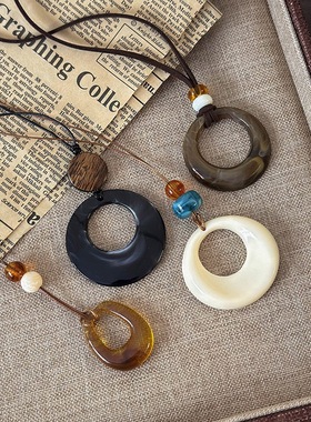 新中式ins复古风黑玛瑙圆环皮绳项链高级感长款毛衣链秋季配饰女