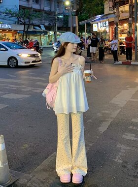 高腰修身显瘦碎花喇叭裤女夏季美式复古休闲微喇裤小个子拖地裤潮