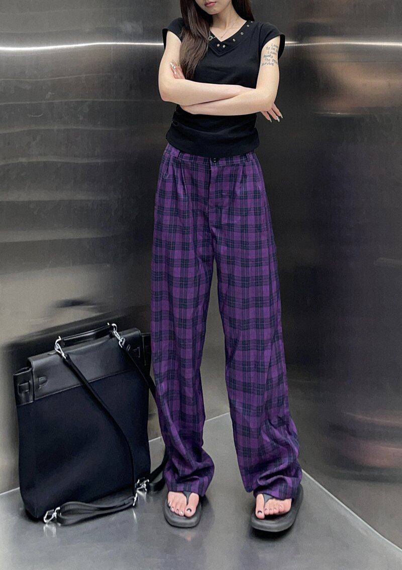美式复古休闲裤女春夏紫色格子高腰显瘦直筒长裤小众设计感阔腿裤