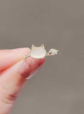 新款可爱小猫和鱼戒指女款仿猫眼石～日系简约通勤开口可调节指环