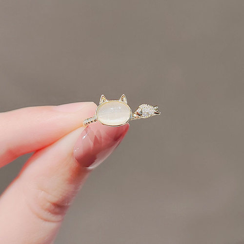 新款可爱小猫和鱼戒指女款仿猫眼石～日系简约通勤开口可调节指环