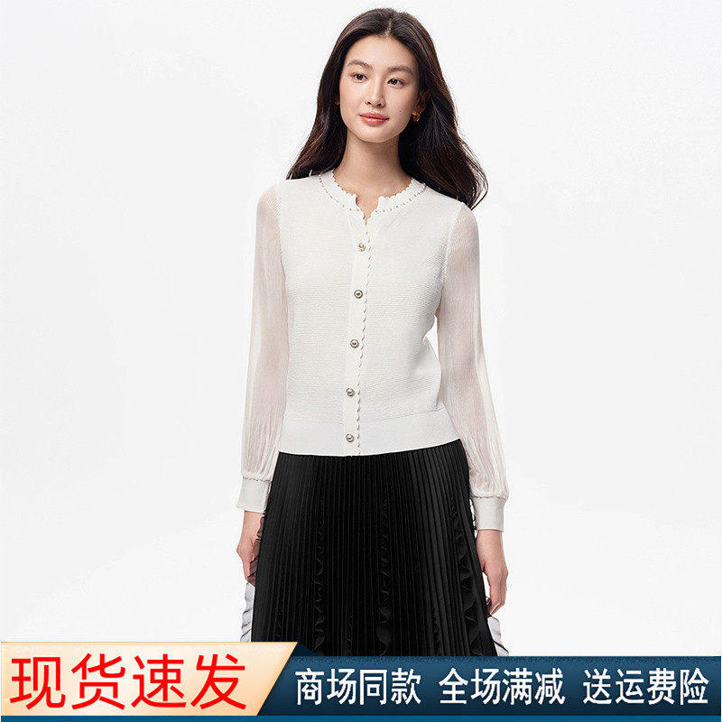 珂莱商场同款25年秋季新款打底白色拼接套头毛针织衫长袖上衣女装