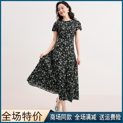 夏季圆领短袖黑色碎花连衣裙子女