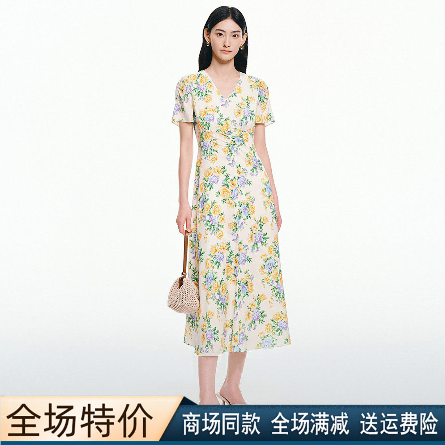 珂莱商场同款2026夏季新款气质度假风短袖碎花裙修身显瘦连衣裙女