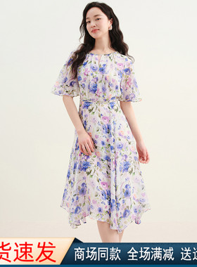 珂莱商场同款2025夏季新款圆领短袖碎花中长款连衣裙子 KF10430Q5