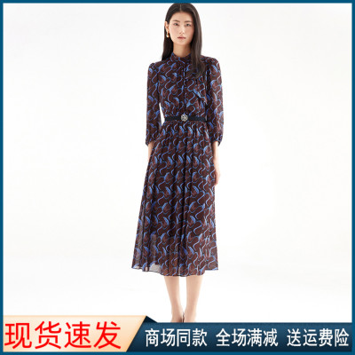 夏秋季新款印花中长款连衣裙子女