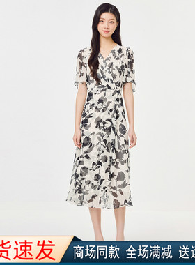 珂莱商场同款2025夏季新款V领短袖显瘦黑白印花连衣裙女KF12261F1