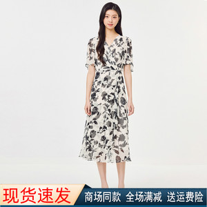 夏季V领短袖显瘦黑白印花连衣裙