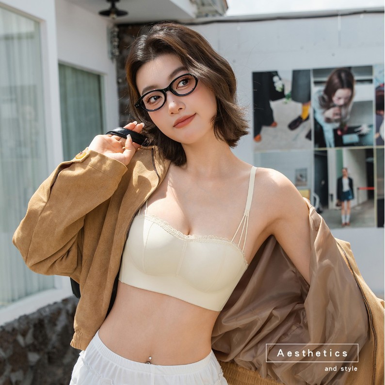 艾迪莎6102一字领蜜桃抹胸蕾丝边少女内衣上托手掌杯小胸聚拢文胸