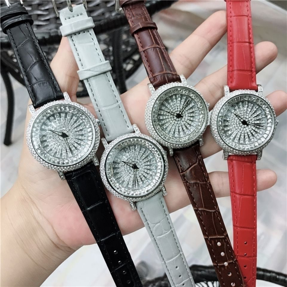 新款时尚同款复古气质石英女款白色真皮皮带手表水钻时来运转腕表